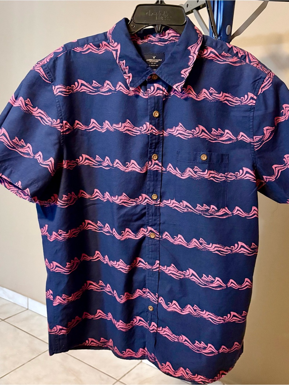 American Eagle Wave Print Short Sleeve Button-Down - Navy & Pink Tropical Vibe